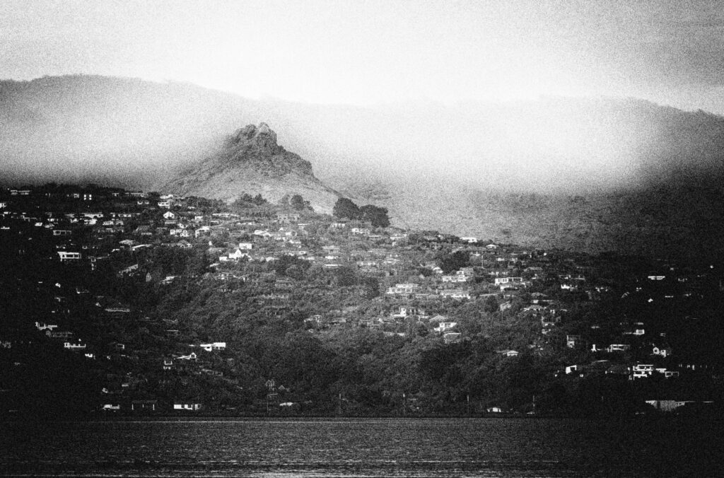 A hillside landscape black & white image with lots of grain
